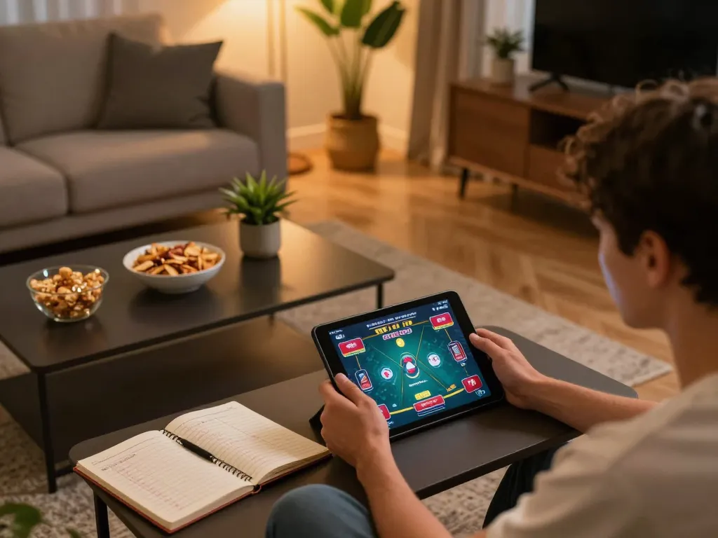 Person enjoying online gaming at home with OK9 poker game on tablet, cozy atmosphere, and strategic notes visible.
