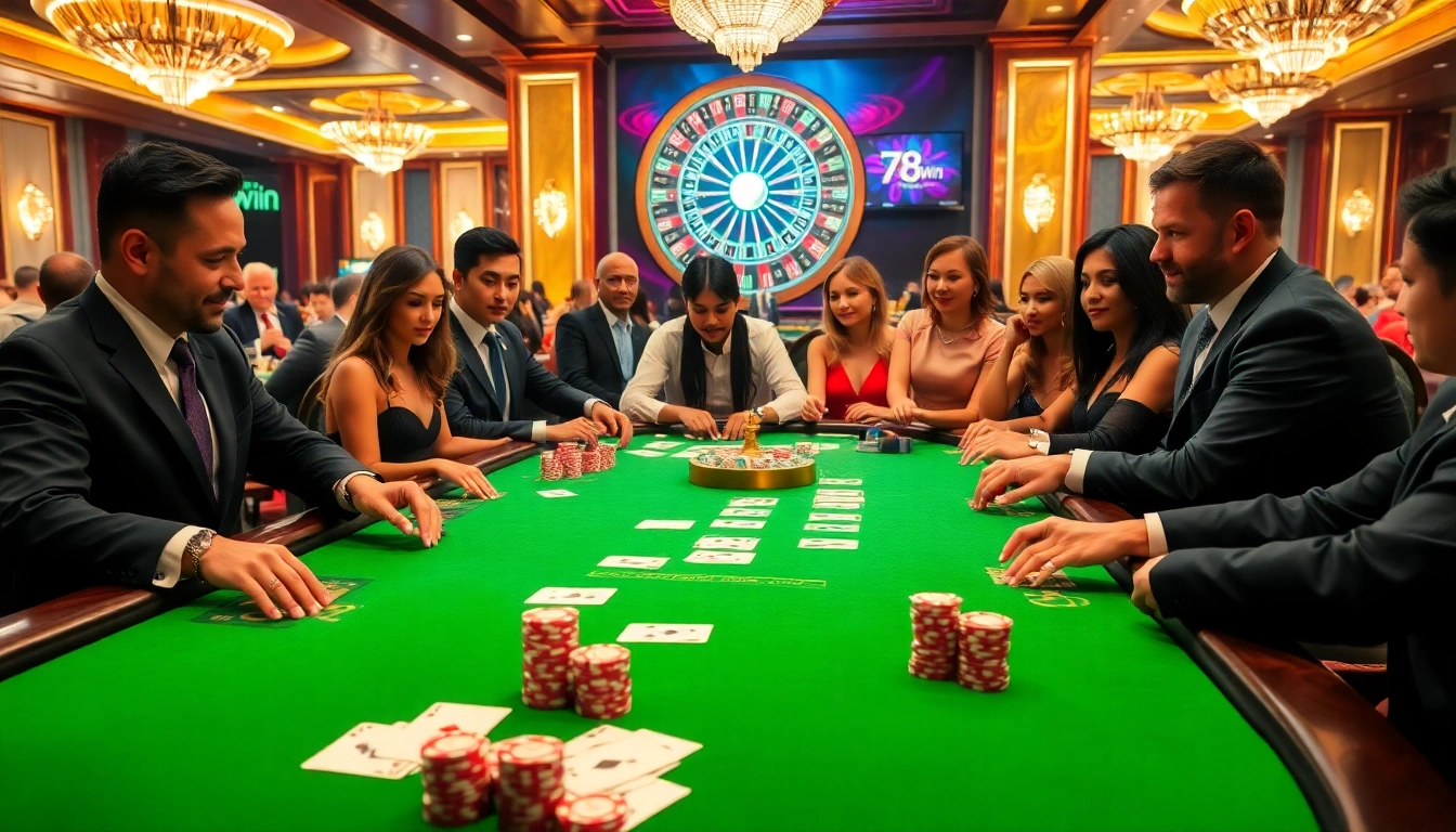 A diverse group of players enjoying a thrilling game at 78Win casino, showcasing luxury tables and vibrant atmosphere.
