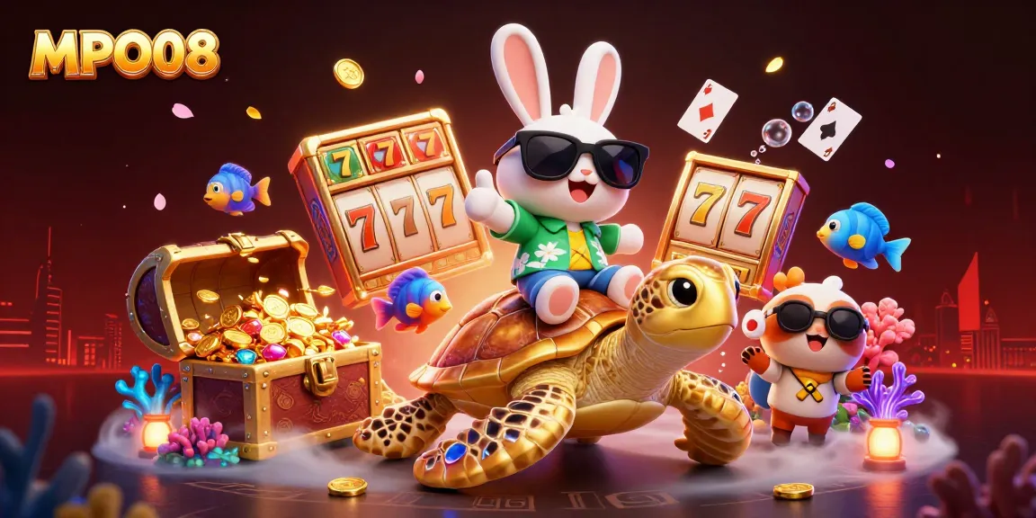 Engage with MPO08 for a thrilling online casino experience, featuring vibrant slot reels and lucky symbols.