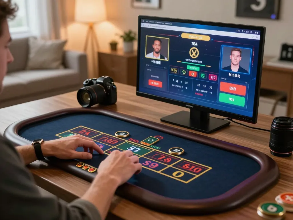 Player focused on UGDEWA live dealer game, showcasing responsible gaming in a stylish home office