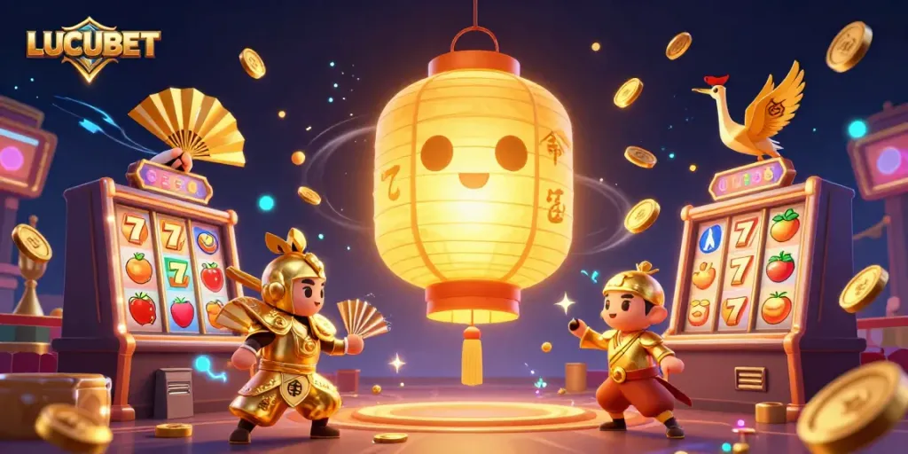 LUCUBET features a dazzling golden lantern spirit among dynamic casino elements, showcasing thrilling slot play.