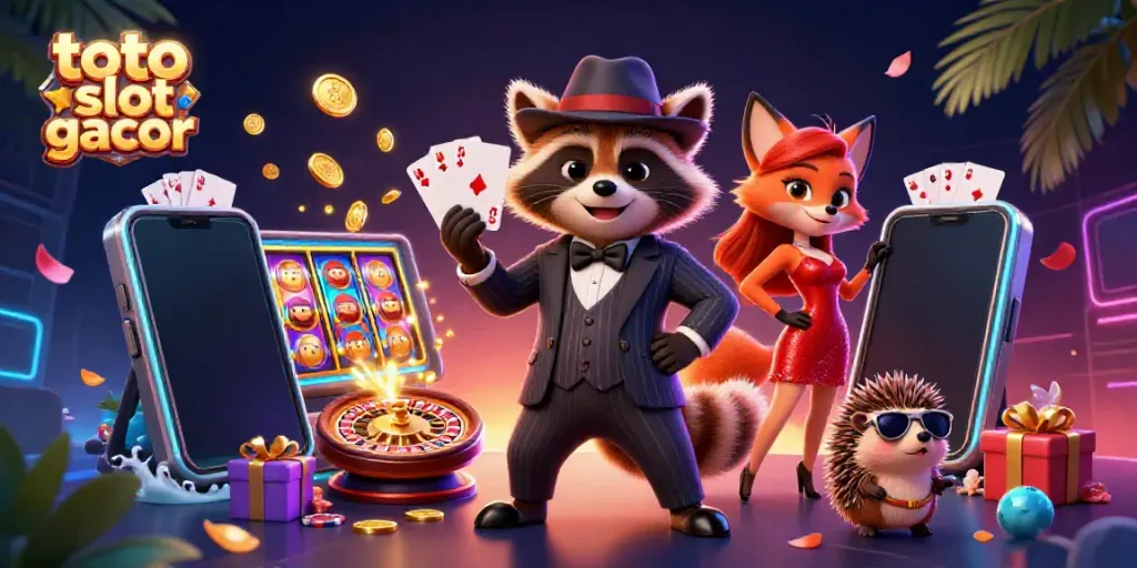 Visualisasi toto slot gacor menghadirkan rakun bergaya, rubah bersequin, dan landak pengaman di tengah permainan.