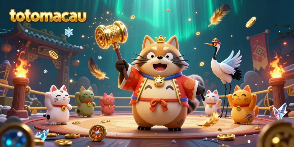 Engage in interactive gaming fun with totomacau in a vibrant 3D festive scene featuring cheerful characters and immersive elements.