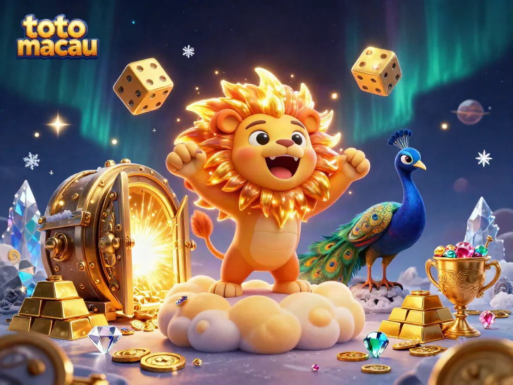Menampilkan gambar seni 3D Toto Macau yang berkilau, dengan simbol efek kasino kaya yang tersebar.