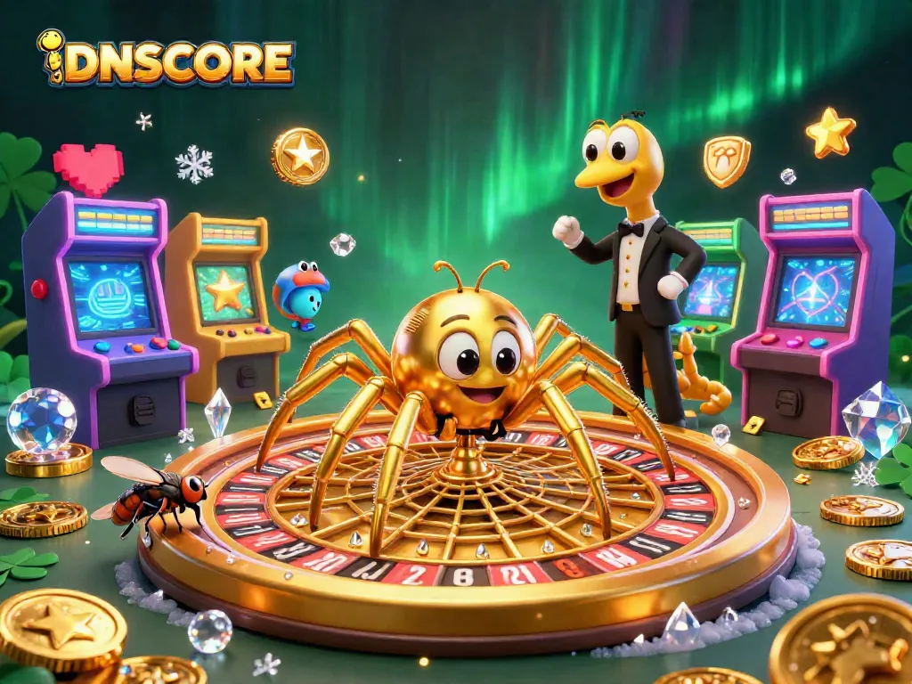 Engage in betting at IDNSCORE as the golden spider spins a roulette-shaped web, adding excitement to online gambling.