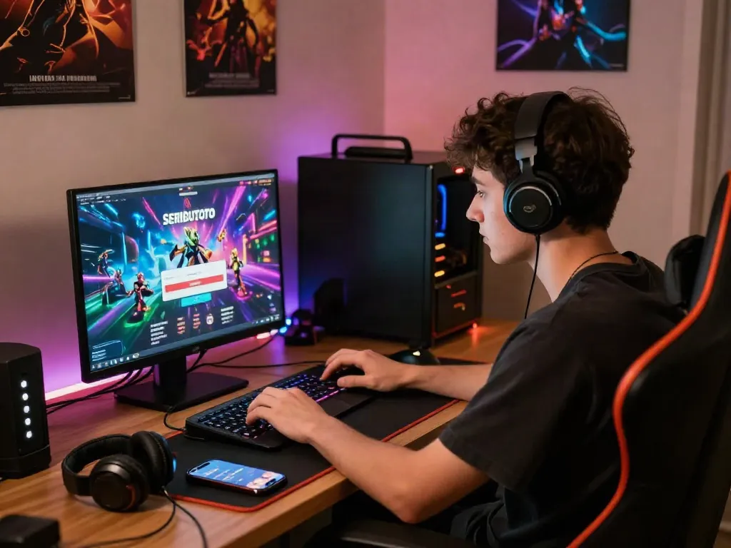 Engaging with Seributoto Login on a laptop in a dynamic gaming atmosphere with vibrant digital visuals and accessories.