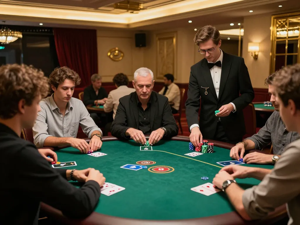 Players focusing on an intense poker game at a luxurious casino, strategizing their bets on 888new.