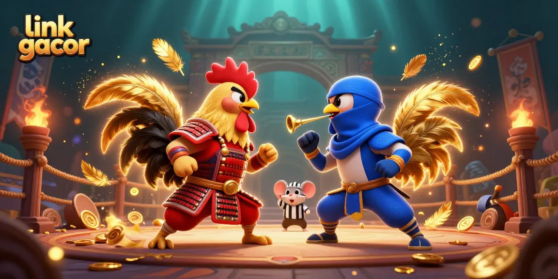 Experience thrilling action with link gacor in this dynamic 3D rooster fighting scene full of golden coins and vibrant energy.