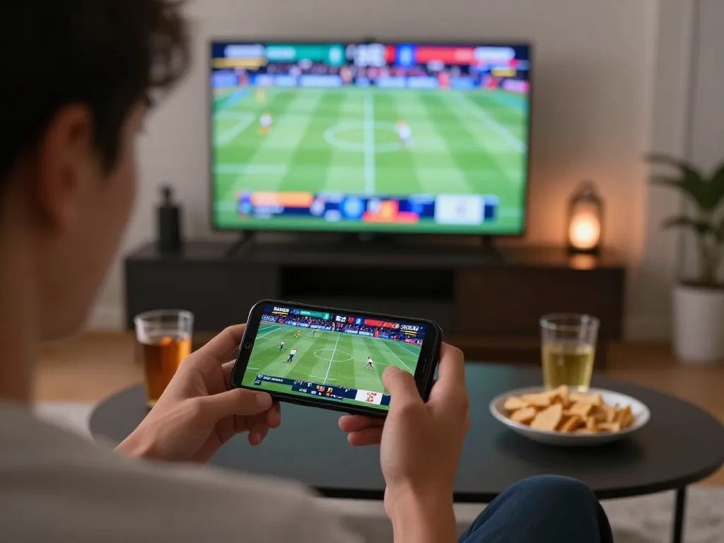 Engaging in sports betting on VSBET on a smartphone, with live event on screen, casual home setting.