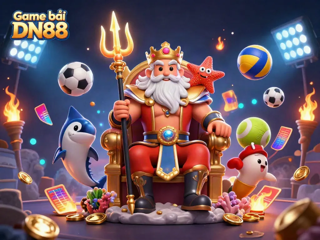 Engage in thrilling play at Game bài DN88 with vibrant 3D casino illustration featuring Neptune and elements of sports betting.