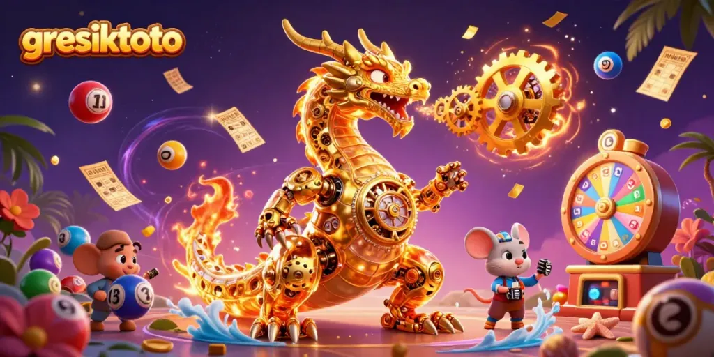 Experience exciting gaming moments with gresiktoto as golden gears and colorful lottery elements create a captivating atmosphere.