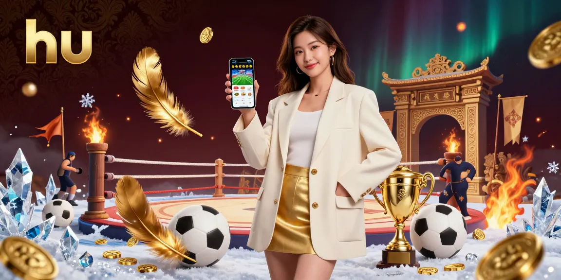 Engage in vibrant sports betting action with hu, featuring a chic Asian woman showcasing a betting app amid dynamic game elements.