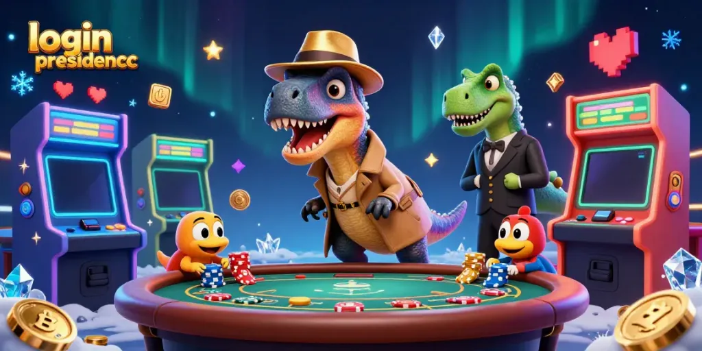 Engage with the login presidencc experience through a vibrant animated casino scene featuring unique characters.