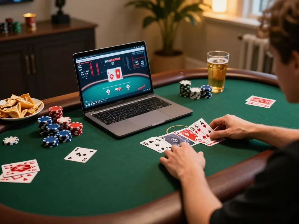 Engaging in online poker gameplay on https://gg88se.com/ at home, featuring snacks and ambient lighting.