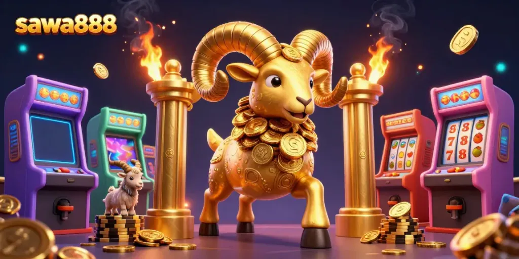 Engage in dazzling gaming at sawa888 with vibrant arcade machines and golden elements.