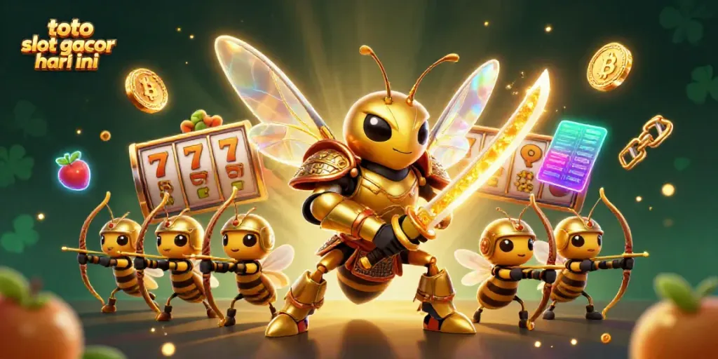 Gambarkan momen seru bertema toto slot gacor hari ini dengan karakter kartun dan elemen mesin slot.