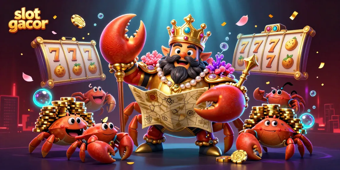 Engage with the thrilling slot gacor experience featuring a golden crab emperor with vibrant game elements in a dynamic casino scene.