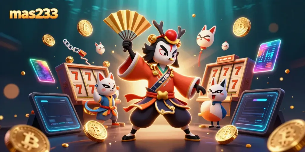 Gambar mas233 menampilkan suasana kasino dengan karakter unik dan simbol slot menghadirkan pengalaman bermain yang menyenangkan.