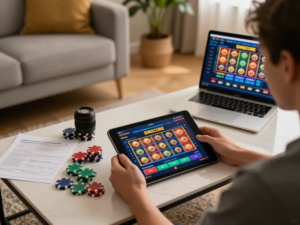 IDNSCORE player enjoying online slots game with tablet in cozy home setting.