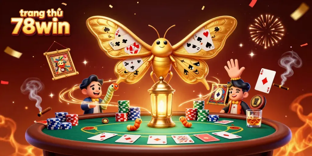 Experience the vibrant atmosphere of trang chủ 78win with a cartoon atlas moth, poker elements, and celebratory decor.