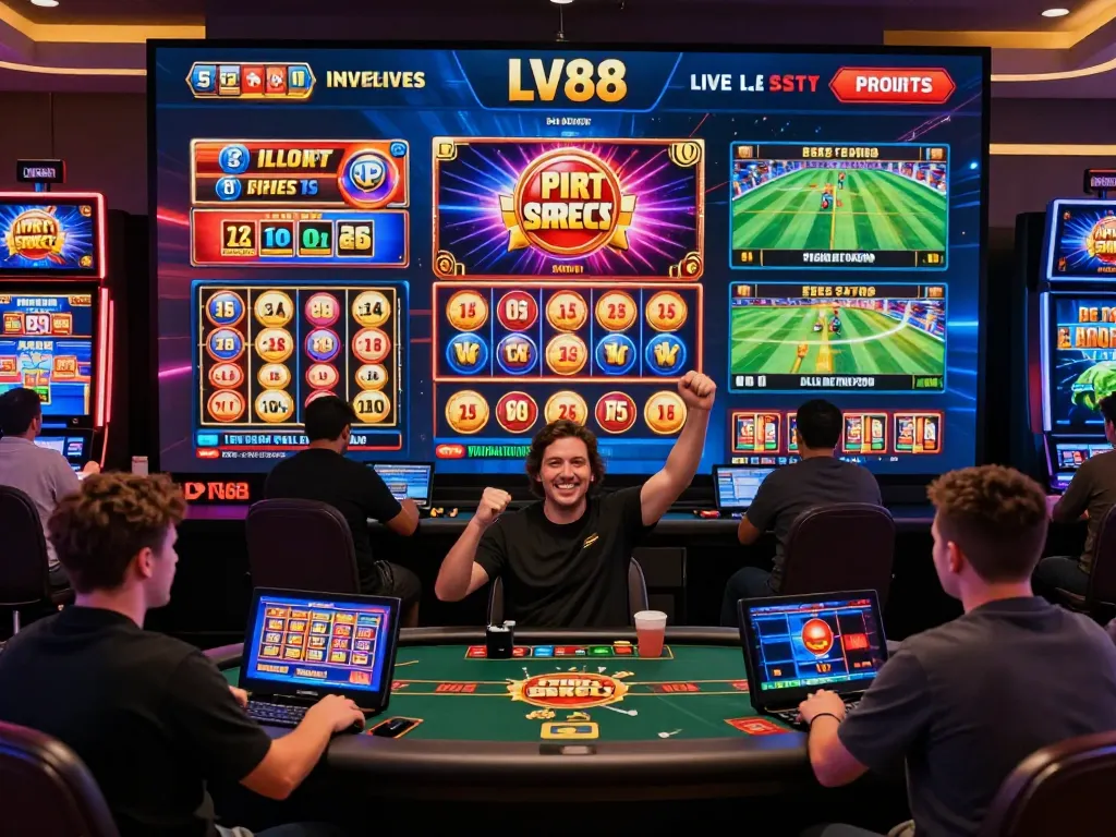 Players engaging with LV88's online casino games on multiple devices, showcasing vibrant slots and live dealer options.