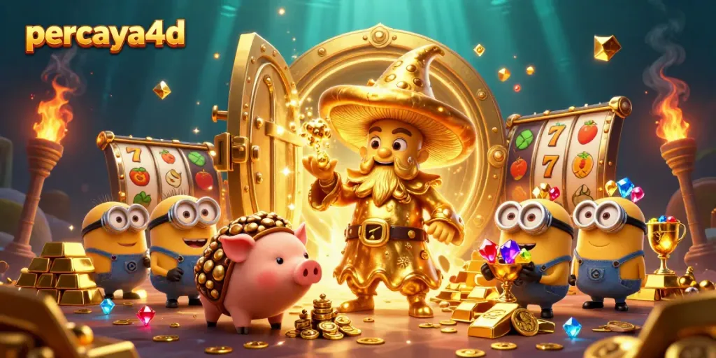 Menggali harta karun di percaya4d dengan 3D wizard jamur emas dan pig truffle, terlihat di slot jackpot.