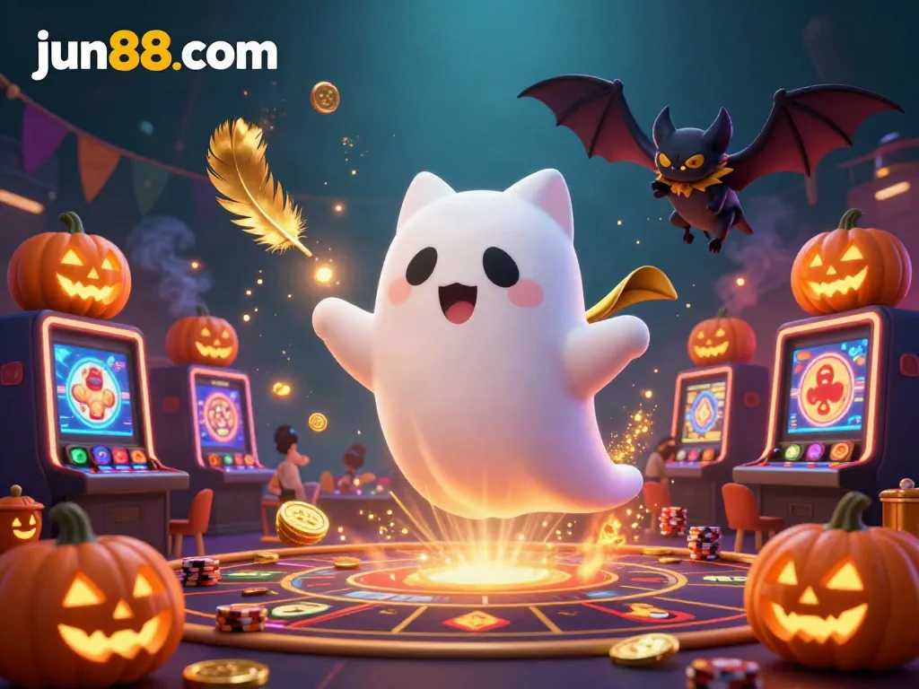 Join the thrilling action at jun88 com with a ghost cat, a bat, and glowing jack-o-lanterns in a vibrant casino.