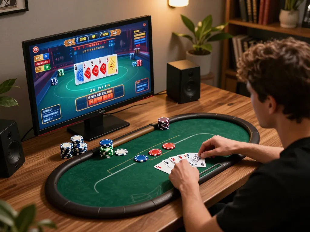 Engaging player at home on https://rikbet.global/ enjoying an exciting online poker game, showcasing strategy and comfort.