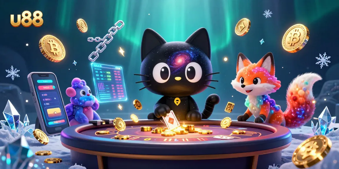 Bet big at u88's cosmic casino table with a black hole cat and nebula fox surrounded by crypto elements.