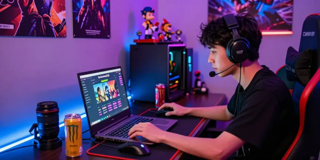 Pengguna memasang taruhan di platform bukumimpi138 di ruang permainan modern dengan aksesori gaming.