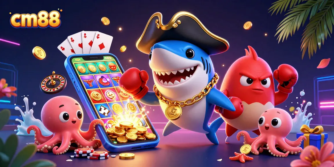 Experience thrilling gaming action at cm88 with a pirate shark, pufferfish, and octopus amidst vibrant casino elements.