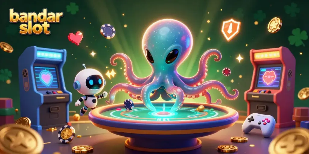 Bandar slot yang menarik dengan karakter alien dan elemen mesin slot yang berwarna-warni.