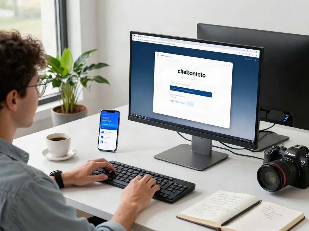 Ilustrasi tampilan login cirebontoto yang modern di ruang kerja digital dengan perangkat teknologi dan cahaya alami.