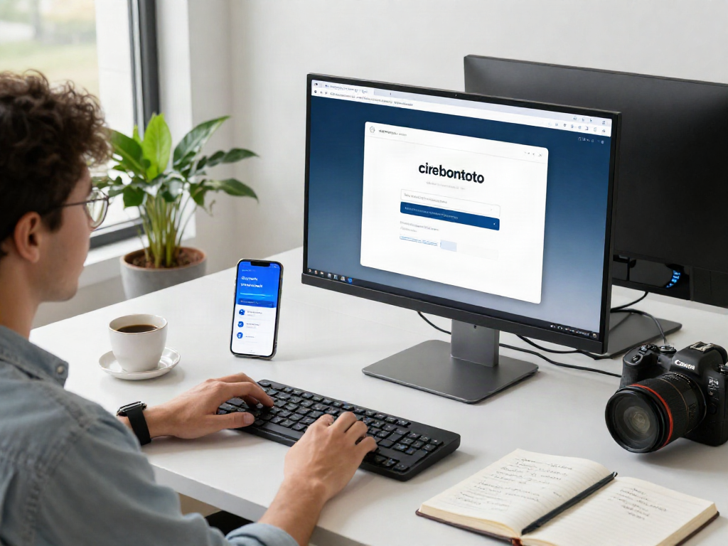 Ilustrasi tampilan login cirebontoto yang modern di ruang kerja digital dengan perangkat teknologi dan cahaya alami.