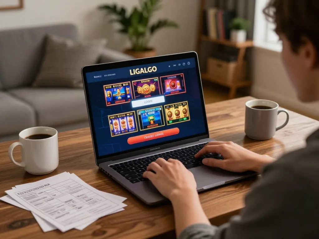 LIGALGO LOGIN interface displayed on laptop during online gambling session at home.