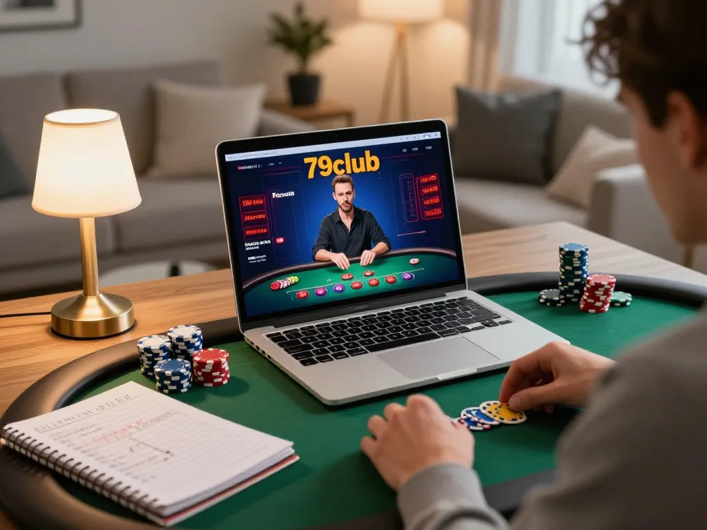 Engaged player using the 79club app for an online poker game, showcasing an inviting gaming atmosphere.