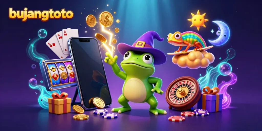 Experience the enchanting world of bujangtoto, where golden coins rain down in a vibrant casino scene.