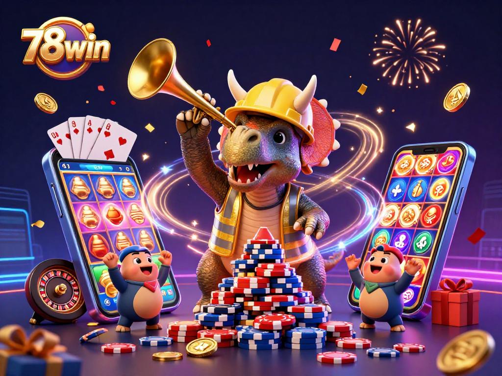 Engage with 78win's vibrant casino celebration featuring dynamic games and cheerful characters.