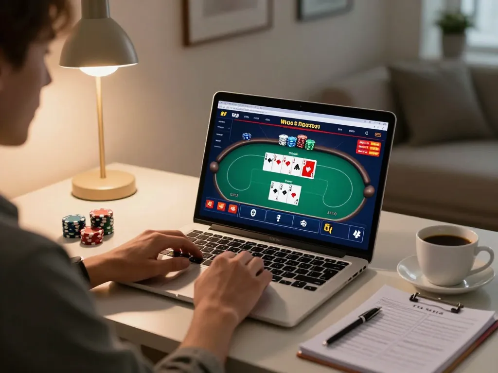 78win player enjoying a poker game on their laptop in a stylish home office.