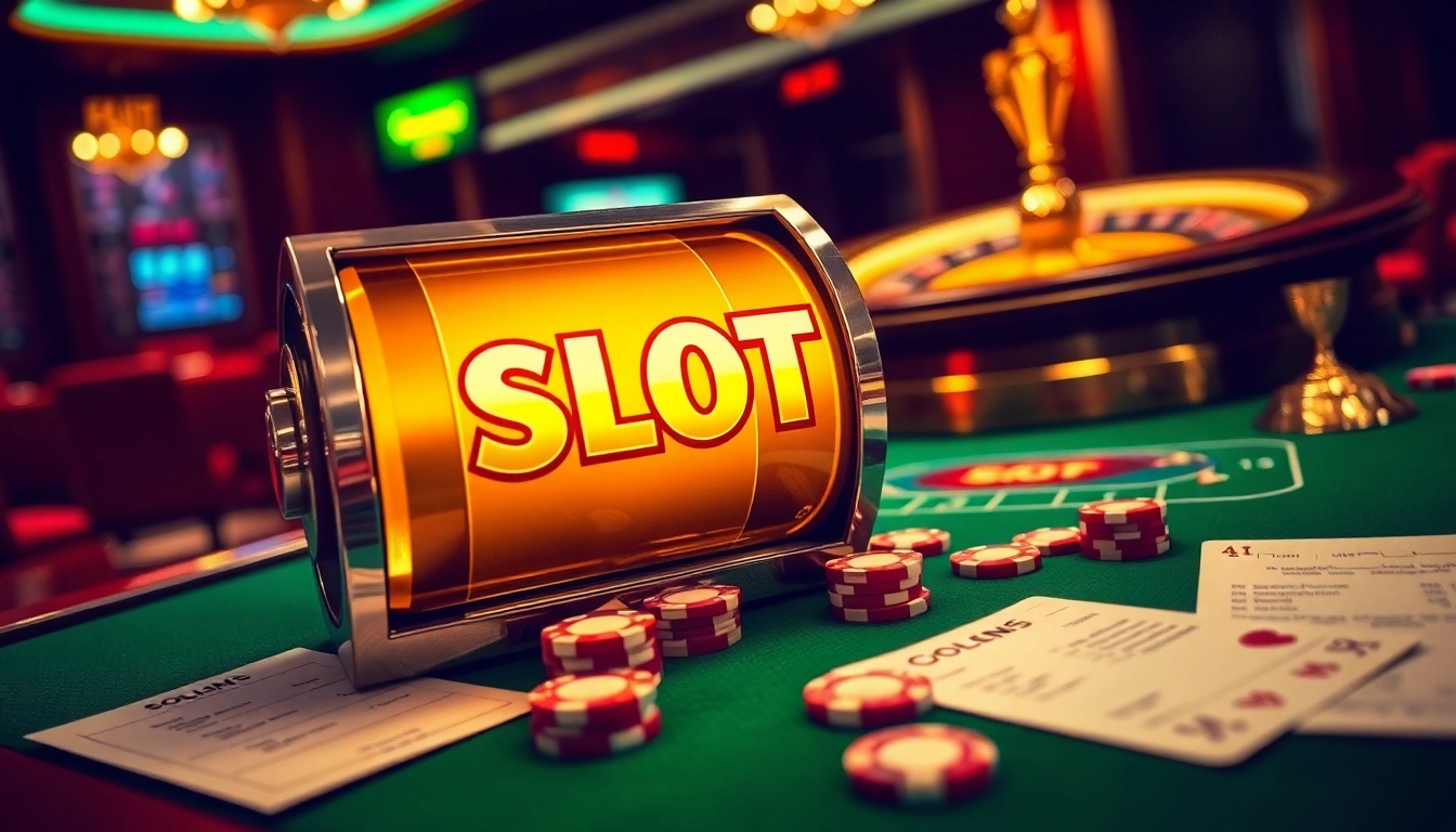 Exciting slot bonus symbol illuminated in a luxurious casino with roulette and poker chips.