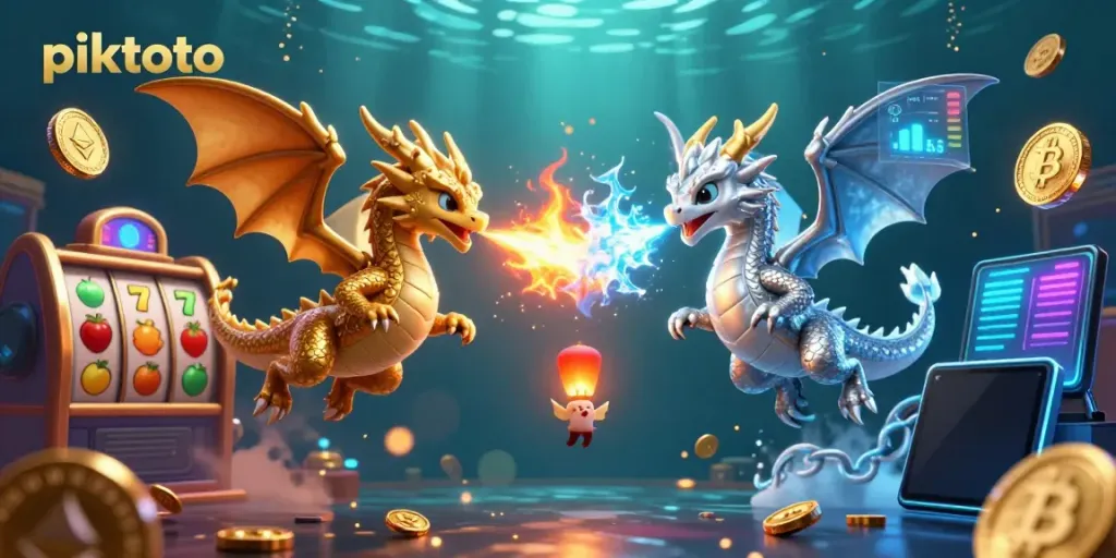 Experience thrilling gameplay with piktoto in a vibrant casino scene featuring dynamic dragons and digital crypto.