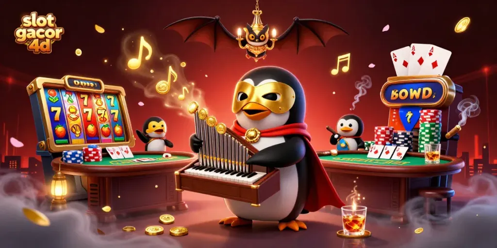 Engage with slot gacor 4d as a cartoon penguin plays an organ shooting golden coins in a vibrant casino scene.