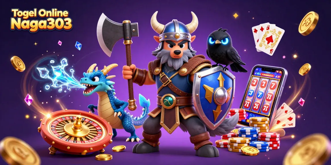 Togel Online Naga303 showcases thrilling gameplay as a Viking wolf warrior, dragon, and raven animate the scene.
