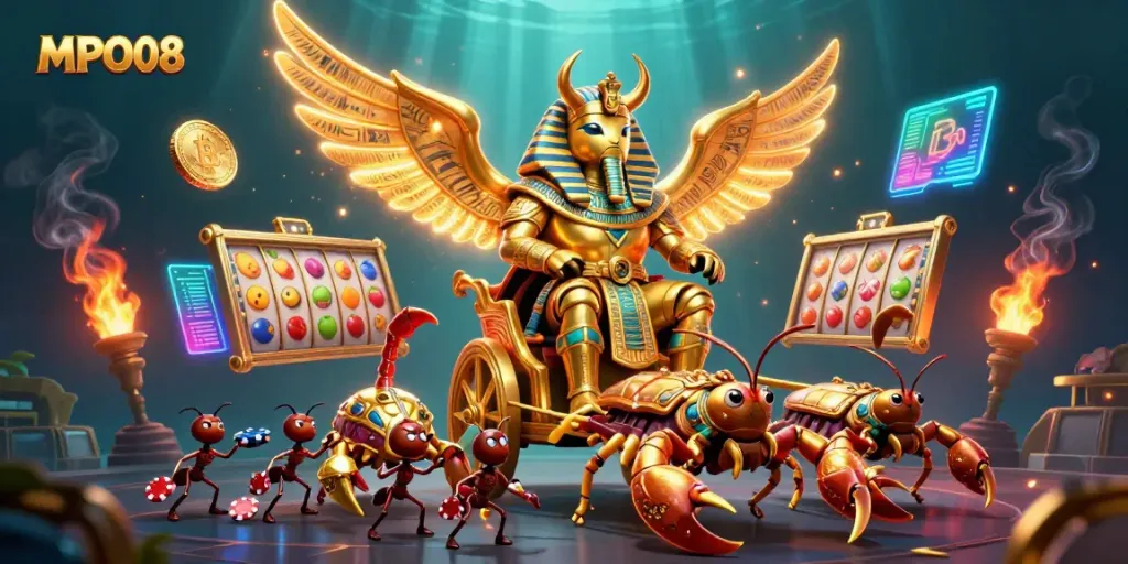 Engage with MPO08's thrilling slots and vibrant visuals featuring iconic symbols and crypto elements.