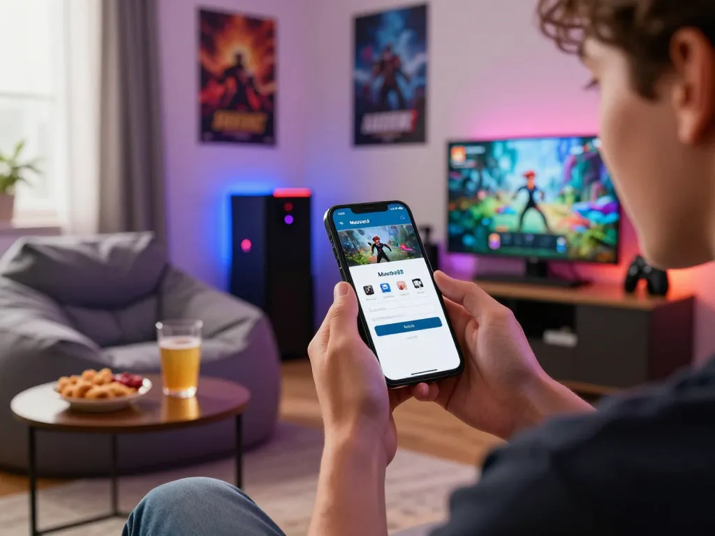 Engaged user accessing the mantra88 login page on a smartphone, surrounded by a lively gaming setup.
