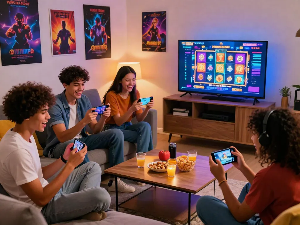 Friends enjoying slot gacor games in a modern living room