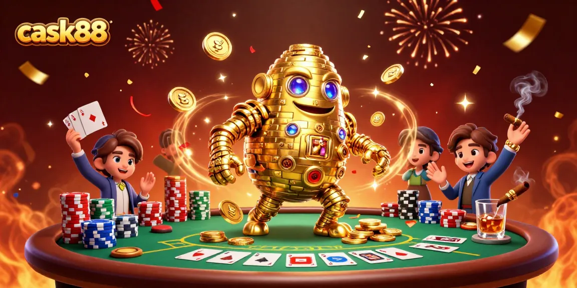 Cask88 features an animated golden golem as it interacts with poker elements in a mesmerizing casino scene.