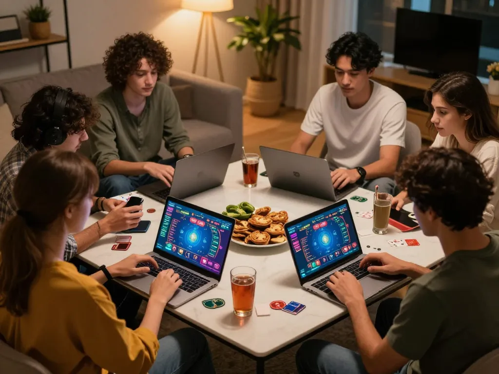 Players enjoying immersive GO8 online poker session with screens active and snacks visible