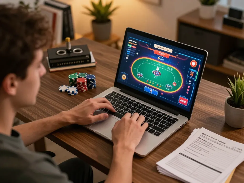 Player engaging in online gaming on DH88, highlighting strategic poker gameplay in a cozy home setup