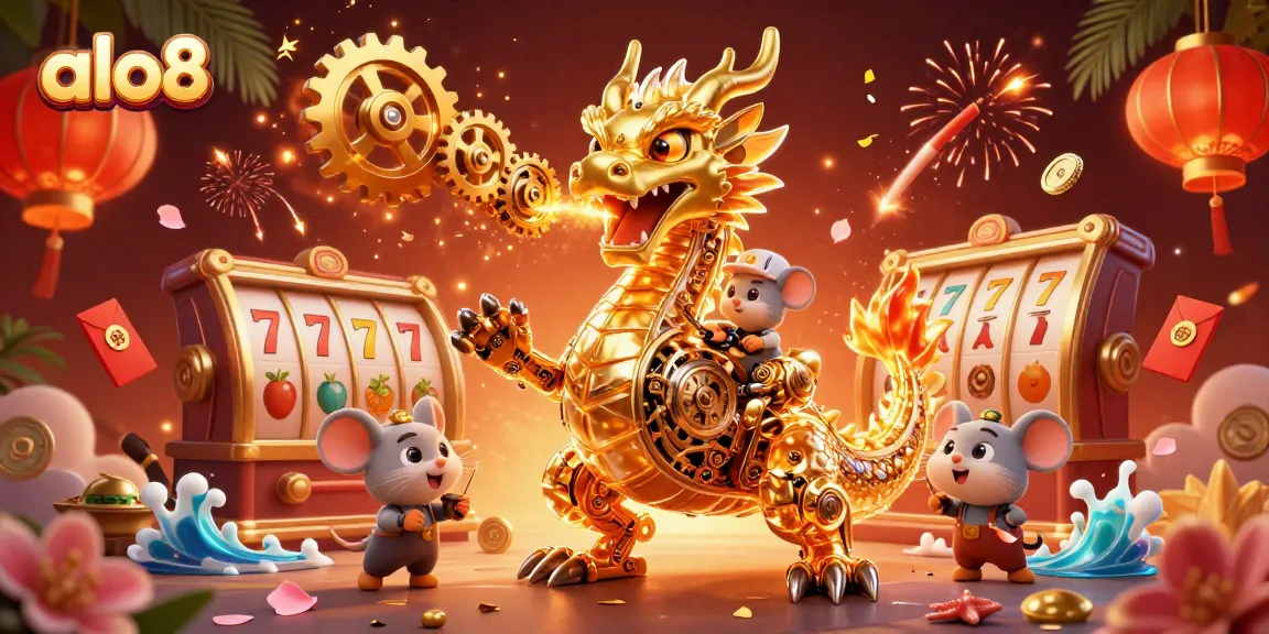 Alo8's captivating casino illustration features a golden dragon breathing gears alongside slot reels, showcasing vibrant gameplay.